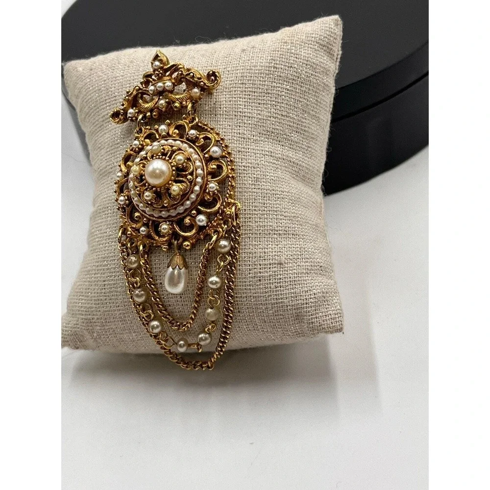 Florenza Vintage Renaissance Revival Faux Pearl‎ Festoon Victorian Dangle Brooch